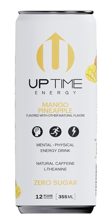 UPTIME Energy Drink, Mango Pineapple, 12 Pack, Vitamin C, L Theanine, Calcium, Sugar Free Energy Drinks for Focus Support, 142mg of Natural Caffeine, 5 Calories, Clean, Natural, Non GMO, 12 fl oz Cans
