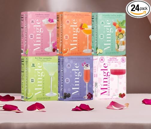 Mingle Mocktails - Blackberry Hibiscus Bellini, Cranberry Cosmo, Key Lime Margarita, Blood Orange Elderflower Mimosa, Cucumber Melon Mojito, Sparkling Raspberry Rose, Variety Pack, Premium Non Alcoholic Cocktails,12 FL OZ Cans (24 Pack Cans)