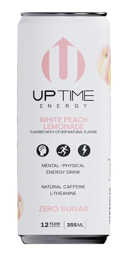 UPTIME Energy Drink, White Peach Lemonade Sparkling, 12 Pack, Vitamin C, L Theanine, Calcium, Sugar Free Energy Drinks for Focus Support, 142mg of Natural Caffeine, 5 Calories, Clean, 12 fl oz Cans