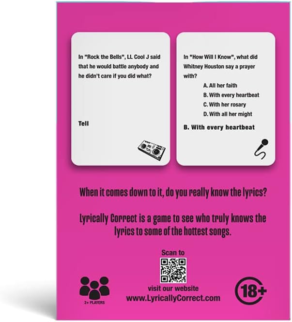 Lyrically Correct 80’s Mixtape Hip Hop, R&B, Funk & Pop Music Trivia Card Game for Friends, Fun Party Game for Adults, Family Gatherings, Finish The Lyrics Challenge, and 80s Music