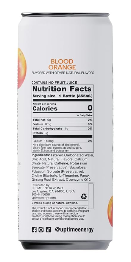 UPTIME Energy Drink, Blood Orange Sparkling, 12 Pack, Vitamin C, L Theanine, Calcium, Sugar Free Energy Drinks for Focus Support, 142mg of Natural Caffeine, 0 Calories, Clean, Natural, 12 fl oz Cans