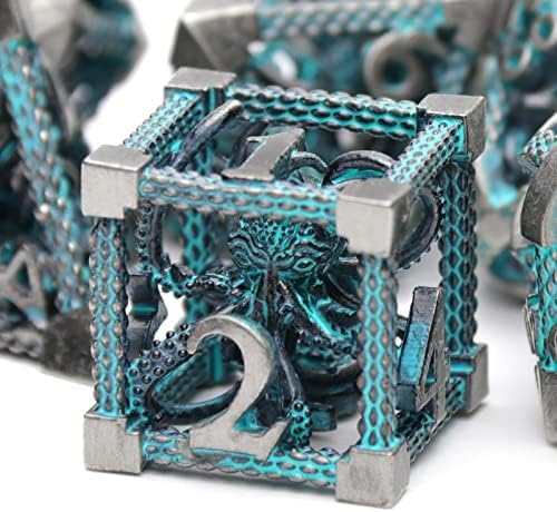 D&D Dice, Metal Polyhedral Dice Set Role Playing DND Dice for Dungeons and Dragons HNCCESG Hollow Cthulhu Dice for Table Game RPG MTG (Blue)