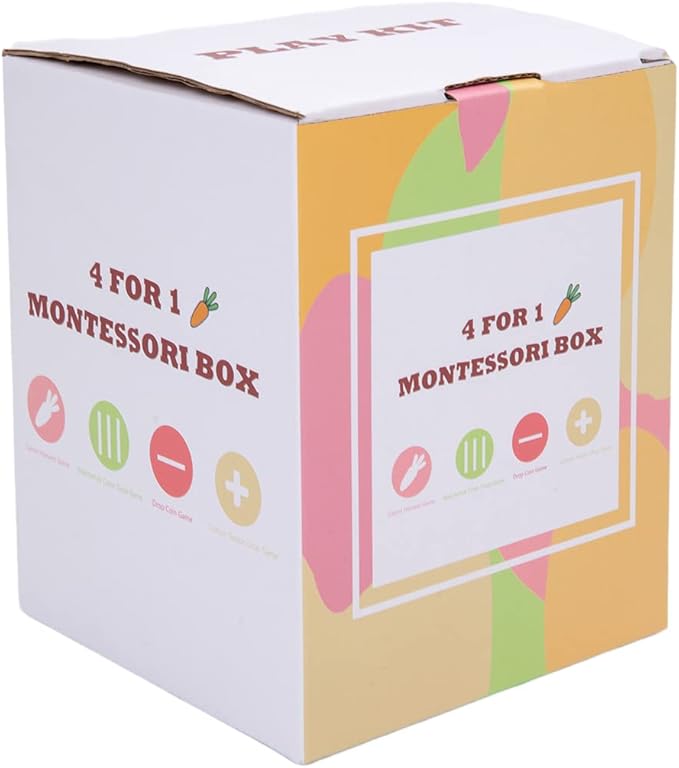 4 in 1 Montessori Play Kit Box - Cotton Swab Board, Coin Box, Carrot Harvest Game, Matchstick Color Drop Game Montessori Toys for Babies 6-12 Months, 1 Year, 2 Year