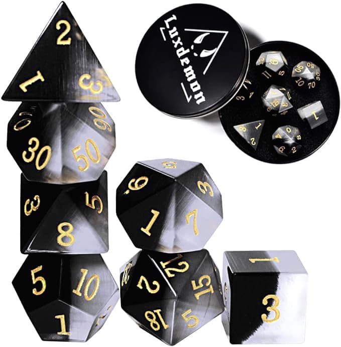 7 PCS Black&White Cat's Eye Crystal Polyhedral DND Dice Set, Polished Tumbled Stones Dices for Home Decoration RPG MTG Table Games