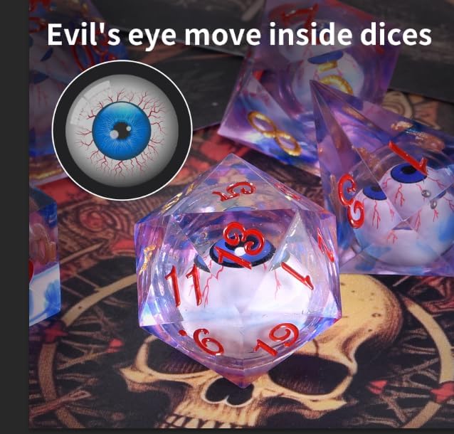 Evil Eye D20 Dices Moving Eyes Dice DND Dice Set with Moving Eye Inside Sharp Corners Dices Dungeons and Dragons Polyhedral Role Playing Gaming Dices D20 Dice 7 Set Halloween Dices Red