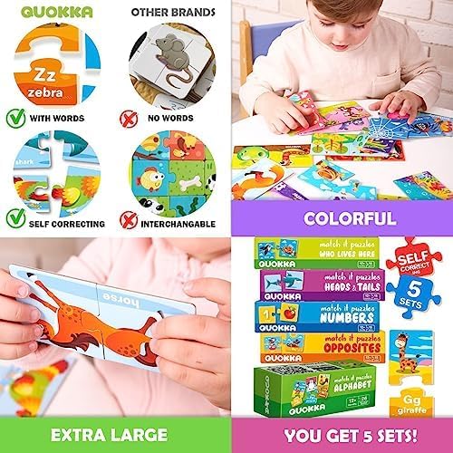 QUOKKA 5X MEGASET Puzzles for Toddlers 3-5 - Matching Games for Kids Ages 2-4 - Numbers Animals Opposites ABC Learning for Toddlers 1-3 Year Old - Educational Toy Activities for Boy and Girl