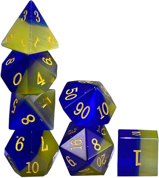 Gemstone DND Dice Set Blue&Yellow Opal Dice Set 7PCS D&D Dice Polyhedral Dice Set Glitter DND Dice Set(Cat's Eyes)