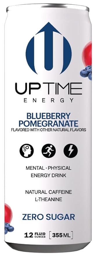 UPTIME Energy Drink, Blueberry Pomegranate, 12 Pack, Vitamin C, L Theanine, Calcium, Sugar Free Energy Drinks for Focus Support, 142mg of Natural Caffeine, 0 Calories, Clean, Natural, 12 fl oz Cans