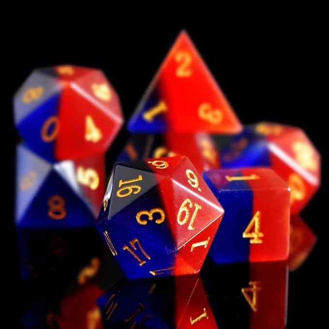 Gemstone DND Dice Set Natural Blue&Red Opal Dice Set 7Pieces D&D Dice Used in Dungeons and Dragons RPG Game(Cat's Eyes)