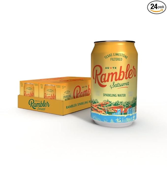 AUTX RAMBLER Sparkling Water, Texas Limestone Mineral Blend, Satsuma Flavor, 12-Ounce Cans, Three 8-Packs (24 Cans)