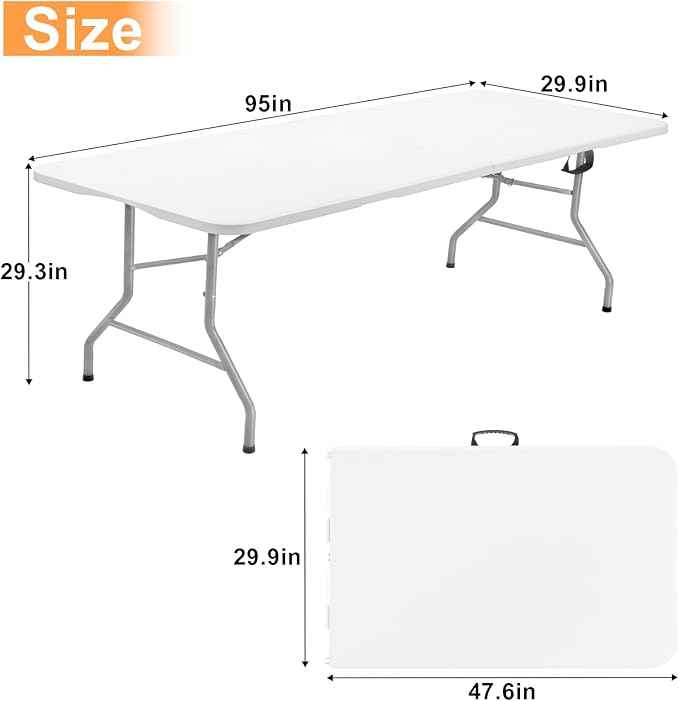 SKOK Folding Picnic Table 8 Foot, 8FT Long Plastic Picnic Table Portable with Carry Handle, White Tailgating Utility Commercial Craft Table with Heavy Duty Frame for Party & Events,330lbs