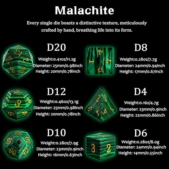 Gemstone DND Stone Dice Sets D&D 7 Pcs Polyhedral Dice Set Handmade,Malachite Stone Dice Set Natural Gemstone Dice Sets with Metal Case for Dungeons and Dragons RPG MTG Tabletop Games