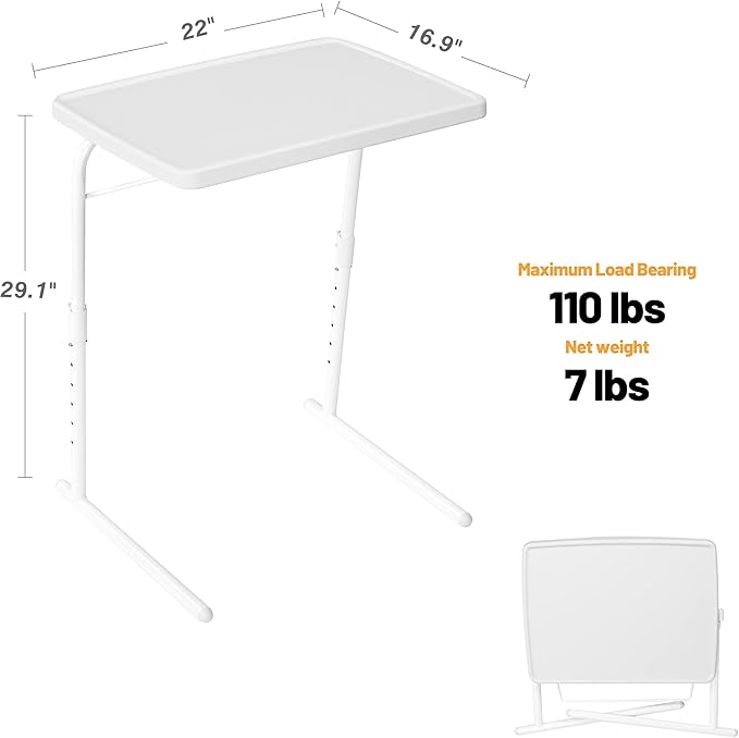 Allpop Max TV Tray Table, Large TV Dinner Tray for Eating, Adjustable Tray Stand on Couch & Bed, Folding Laptop Table with 6 Heights & 3 Tilt Angles, White