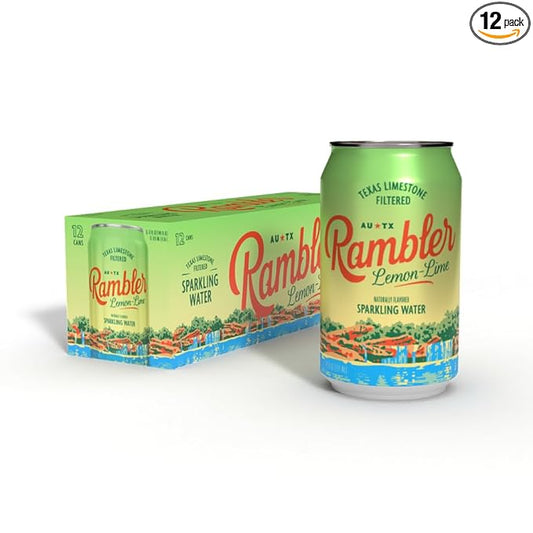 AUTX RAMBLER Sparkling Water, Texas Limestone Mineral Blend, Lemon-Lime Flavor, 12-Ounce Cans, 12-Pack
