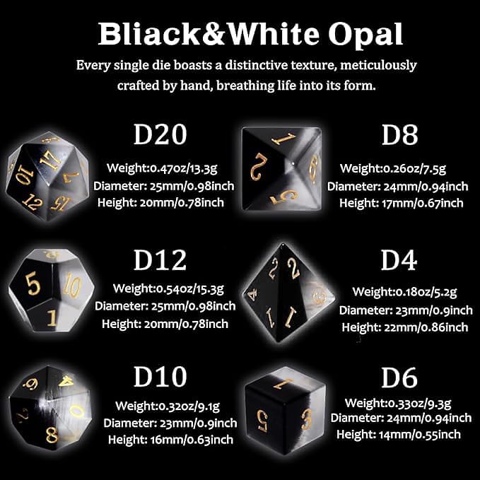 7 PCS Black&White Cat's Eye Crystal Polyhedral DND Dice Set, Polished Tumbled Stones Dices for Home Decoration RPG MTG Table Games