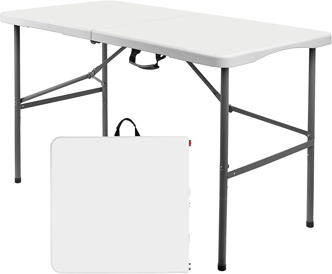 4 ft Plastic Folding Table with Carrying Handle, Straight Legs for Camping, Wedding, Kitchen, Beach - White