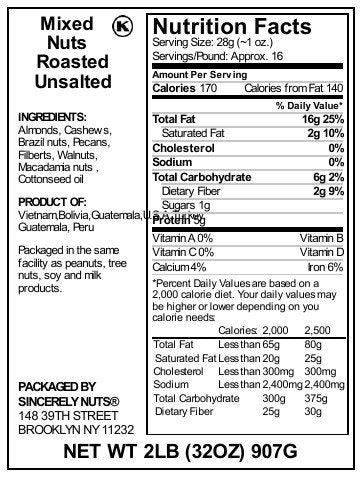 Sincerely Nuts Roasted & Unsalted Mixed Nuts (2 LB) Almonds, Cashews, Brazil Nuts, Hazelnuts & Pecans - Vegan, Kosher & Gluten-Free Food-Nutrient Rich Alternative Treat for the Whole Family