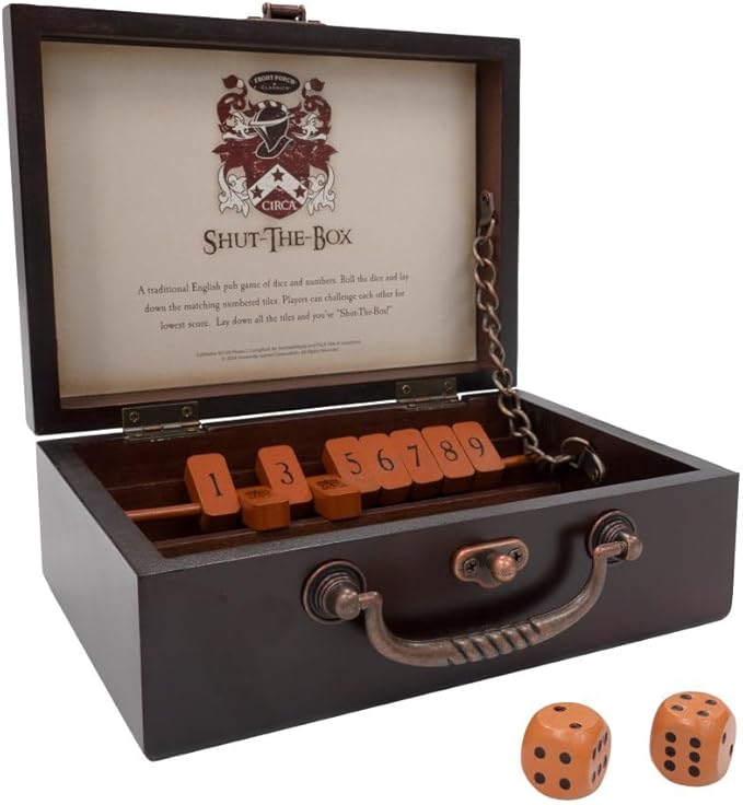 Front Porch Classics, Circa Shut the Box, Wooden 9 Number Dice Game with Case for Travel, for Adults and Kids Ages 8 and Up