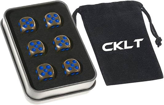 6 Sided Metal Brass Dice with Blue Pips, Tables Board Game Dice, 6pcs Solid Gift Brass Dice, Tabletop Games Set for Poker Party Playing Games
