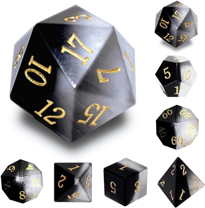 7 PCS Black&White Cat's Eye Crystal Polyhedral DND Dice Set, Polished Tumbled Stones Dices for Home Decoration RPG MTG Table Games