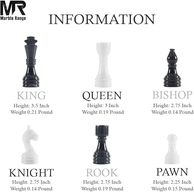 Marble Chess Set 15 Inch Handmade Black & White Board Game with Storage Box, Classic Travel Chess Set for Adults with Pieces & 2 Extra Queens, Elegant Gift & Home Décor