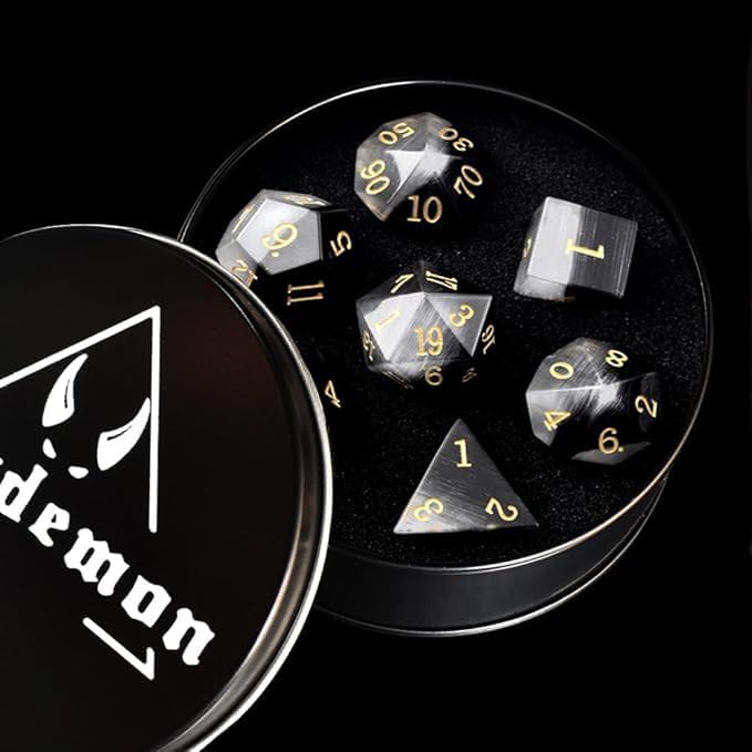 7 PCS Black&White Cat's Eye Crystal Polyhedral DND Dice Set, Polished Tumbled Stones Dices for Home Decoration RPG MTG Table Games