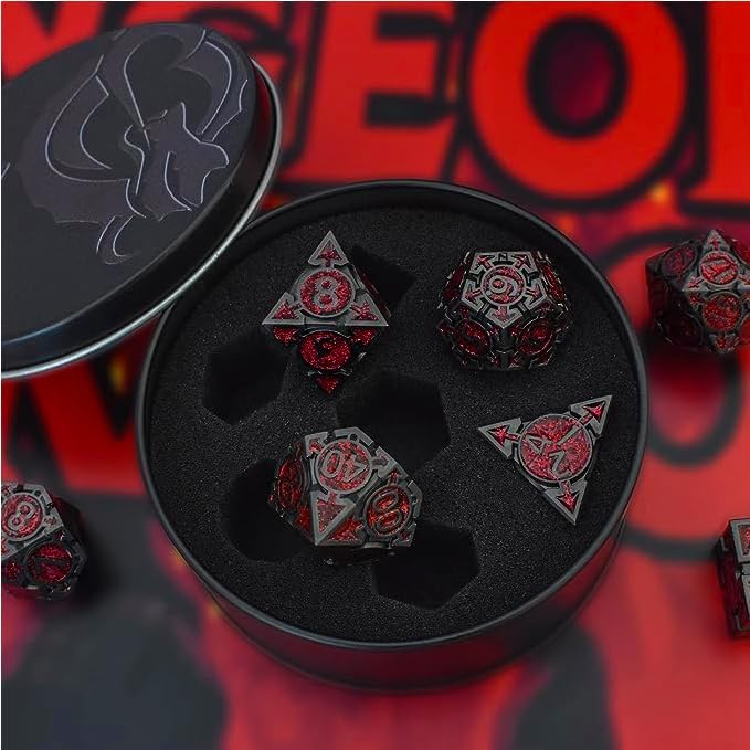 RULE DICE DND Metal Dice Set, 7 die Metal DND Polyhedral Blue Red and Black Gold Dice Sets with Gift Metal D and D Dice Box, for Dungeons and Dragons Dice Set Role Playing Multiplayer Games D&D Dice