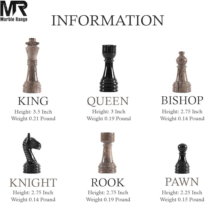 Marble Chess Set 15 Inch Handmade Oceanic & Black Board Game with Storage Box, Classic Travel Chess Set for Adults with Pieces & 2 Extra Queens, Elegant Gift & Home Décor