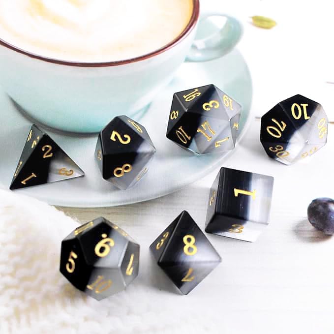 7 PCS Black&White Cat's Eye Crystal Polyhedral DND Dice Set, Polished Tumbled Stones Dices for Home Decoration RPG MTG Table Games