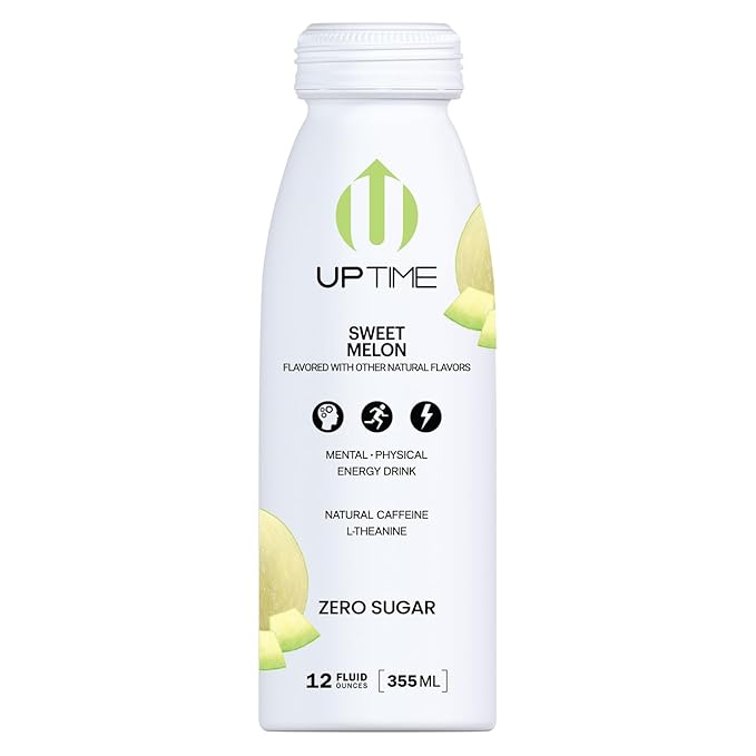 UPTIME Energy Drink, Sweet Summer Melon Sparkling, 12 Pack, Vitamin C, L Theanine, Calcium, Sugar Free Energy Drinks for Focus Support, 142mg of Natural Caffeine, 5 Calories, Natural, 12 fl oz Cans