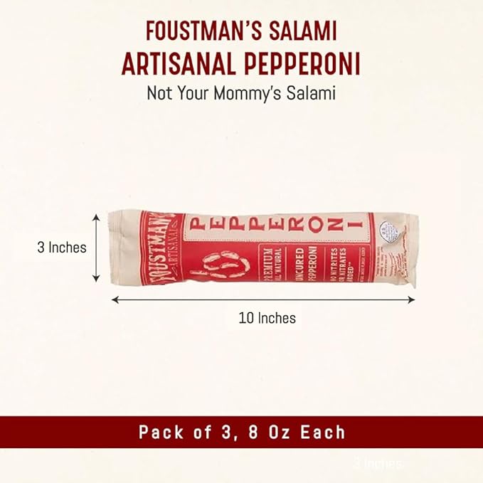Foustman's Salami Pork and Beef Pepperoni, Nitrate-Free, Naturally Cured, Gluten-Free, Dairy-Free, Pack of 3, 8 Oz Each