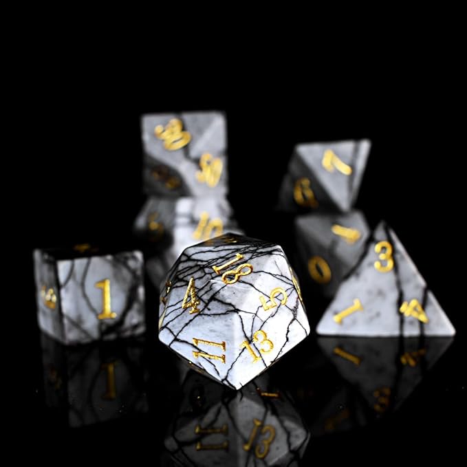 Real Gemstone DND Dice Sets, Handmade Black Network Stone D&D Board Game Dice,RPG Dice Set