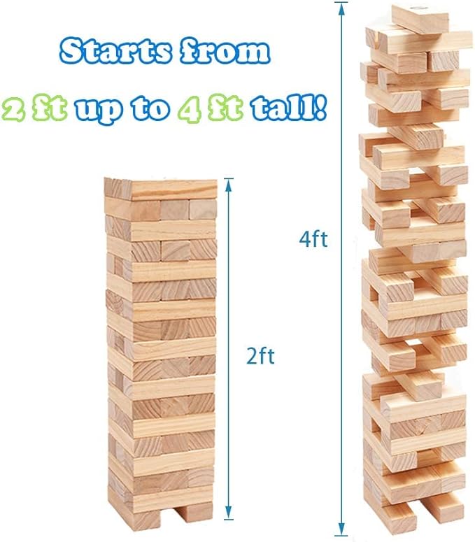WOOD CITY Giant Tumbling Timber Tower Game (Stacking from 2 to 4 Feet), Classic Jumbo Outdoor Game for Adults Kids Family, 54 Pieces Premium Pine Wood Blocks Toy