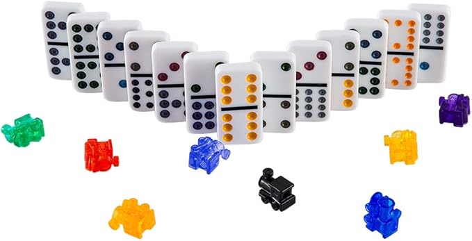 Double 12 Colored Dot Dominoes Mexican Train Game Set, 91 Tiles Dot Dominoes with 9 Trains, Scoreboard, Octagon Shape Hub and Aluminum Case