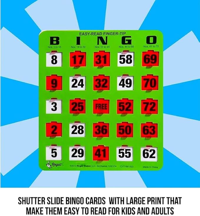 Regal Bingo - Shutter Slide Bingo Cards Only - 8” x 9” - 5-Ply Green Cardstock - Easy to Read - No Duplicates - Red Sliding Windows - Perfect for Large Groups, Bulk Purchasing