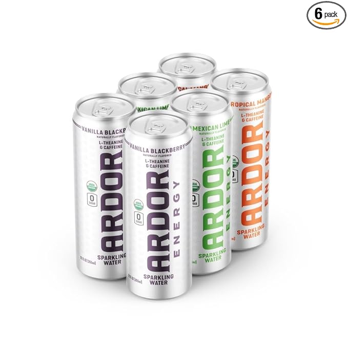 ARDOR ENERGY Sparkling Water with 100mg Natural Caffeine & 200mg L-Theanine from Organic Green Tea for Smooth Energy & Focus | Healthy Energy Drink | No Sugar, Zero Calories, Vegan, Gluten-Free | Tropical Variety (Pack of 6, 12oz cans)