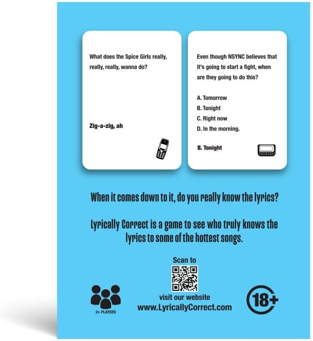 Lyrically Correct '90s & 2000s Pop Music Trivia Card Game for Friends, Fun Party Game for Adults, Family Game Night, Finish The Lyrics Challenge, and Pop Music Trivia