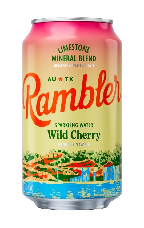 AUTX RAMBLER Sparkling Water, Texas Limestone Mineral Blend, Wild Cherry Flavor, 12-Ounce Cans, Three 8-Packs (24 Cans)