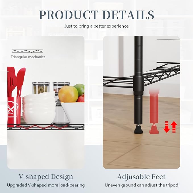 BestOffice 5-Shelf Storage Shelves, Adjustable Shelving Unit Wire Shelving Metal Shelves,11.8" D x 16.7" W x 47.6" H,Black