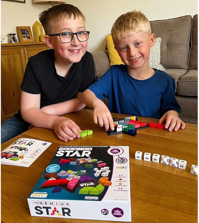 The Genius Star - Toy of The Year Award Winning Family Board Game. 165,888 Possible Puzzles by Filling in Colored Shapes with Blockers to Complete A Star! Golden Star Twist!
