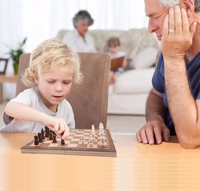 Chess Set,Folding Storage Wooden Chess Board Sets,3 in 1 Chess Board Game for Adults and Kids (Chess,Backgammon,Checkers),Exquisite Wooden Chess Set