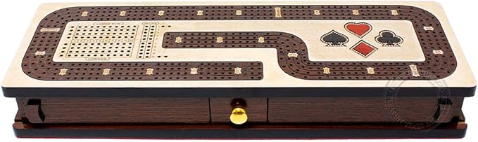 Continuous Cribbage Board/Box Inlaid in Maple/Wenge Wood: 4 Track - Cards and Pegs Storage Drawer with Score Marking Fields for Skunks, Corners and Won Games
