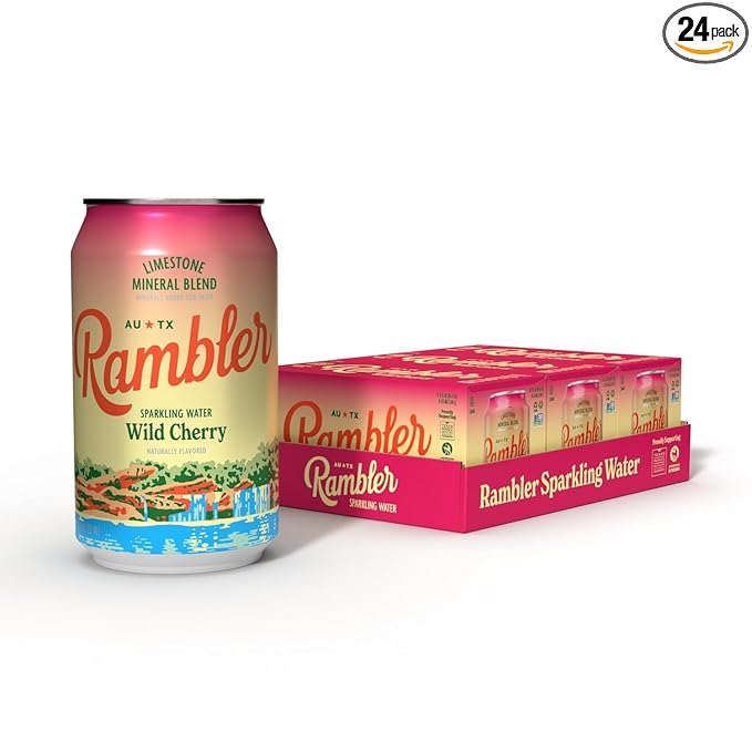 AUTX RAMBLER Sparkling Water, Texas Limestone Mineral Blend, Wild Cherry Flavor, 12-Ounce Cans, Three 8-Packs (24 Cans)