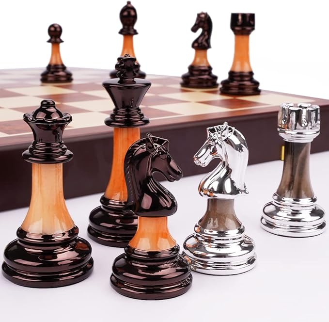 15" Metal Chess Sets for Adults with Zinc Alloy + Acrylic Chess Pieces & Portable Folding Wooden Chess Board Travel Chess Set Board Game Gift – Elegant Metal Chessmen & Storage Box