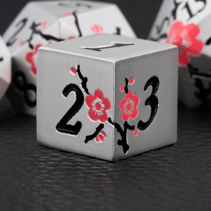D&D Metal Dice, 7 PCS Flower DND Metal Solid Dice Set with Gift Case for Dungeons and Dragon Tabletop Game (Silver-Pink)