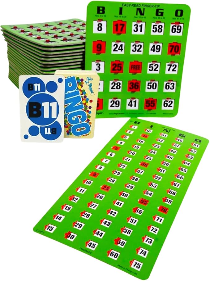 Regal Bingo 10 Bingo Cards with Sliding Windows, Bingo Calling Cards Deck & Master Board Bulk Kit - Reusable Large Print Bingo Game Set for Adults & Seniors Large Group - (Jumbo, Green)