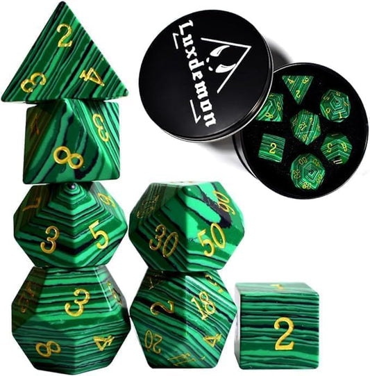 Gemstone DND Stone Dice Sets D&D 7 Pcs Polyhedral Dice Set Handmade,Malachite Stone Dice Set Natural Gemstone Dice Sets with Metal Case for Dungeons and Dragons RPG MTG Tabletop Games