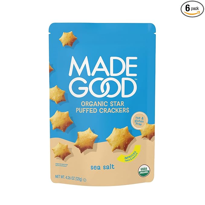 MadeGood Star Puffed Crackers, Sea Salt, 6 Bags (4.26oz Each) Gluten Free and Organic, Healthy Snacks