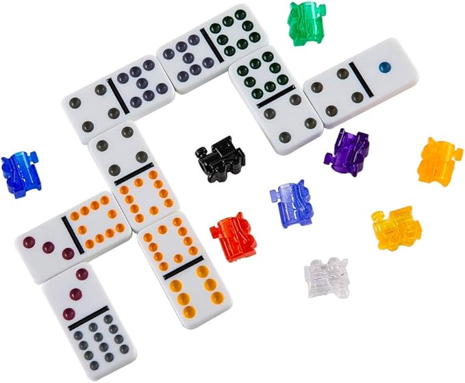 Double 12 Colored Dot Dominoes Mexican Train Game Set, 91 Tiles Dot Dominoes with 9 Trains, Scoreboard, Octagon Shape Hub and Aluminum Case