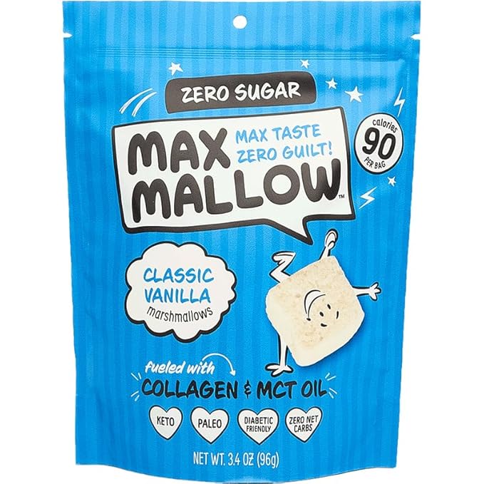 Max Mallow Sugar Free Marshmallows - Keto Friendly, Perfect for S'mores, Hot Chocolate, and Baking with Zero Sugar Snacks, Smores Mct Oil Zero Sugar Marshmellow Marshmallow Classic Vanilla, 6 Pack